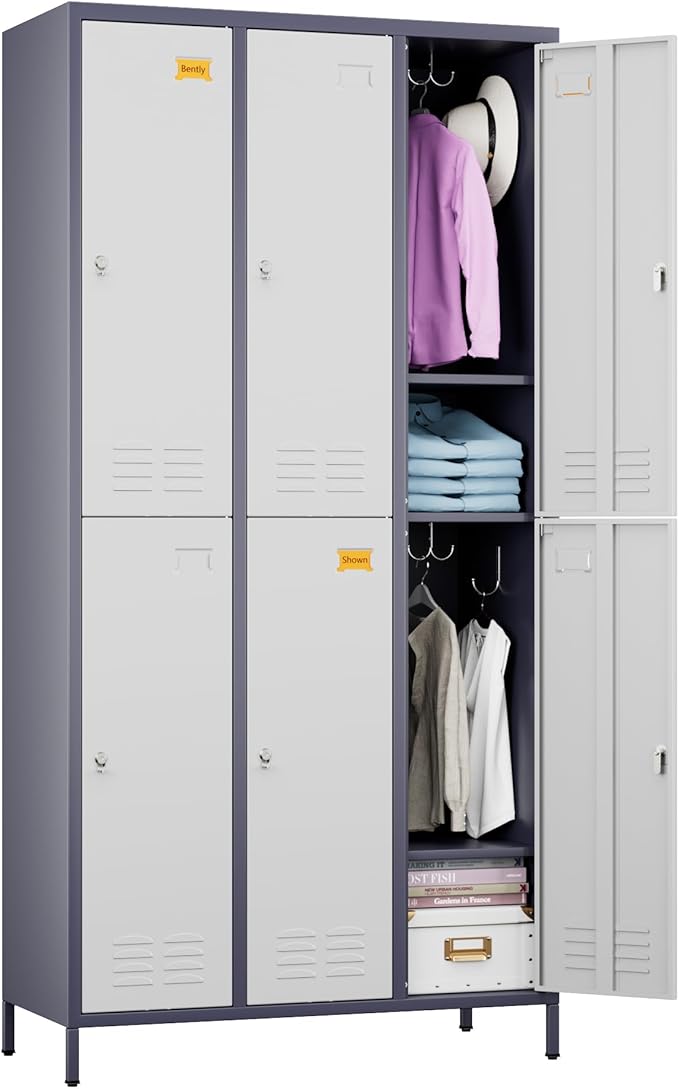 SUPEER 6 Doors Metal Locker for Employees with 18 Hooks and Business Card Holder,Metal Locker with Ventilation Holes for School Garage Office Gym Home,Assembly Required,Grey-White