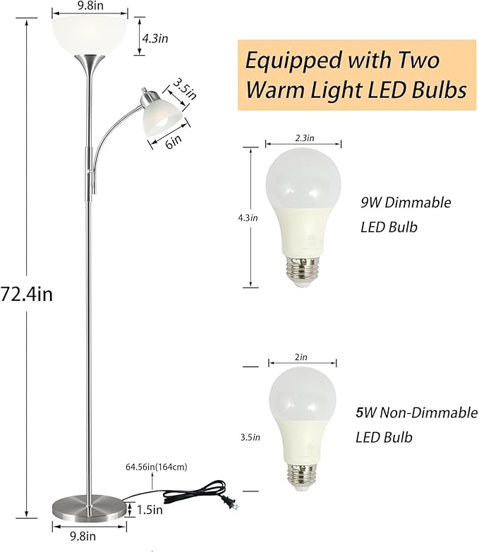 RISLG Floor Lamp, Dimmable Standing lamp, Stepless Dimming Brightness, Included 9W and 5W LED Bulbs, Industrial Floor Lamp for Living Room, Bedroom, Office, Reading
