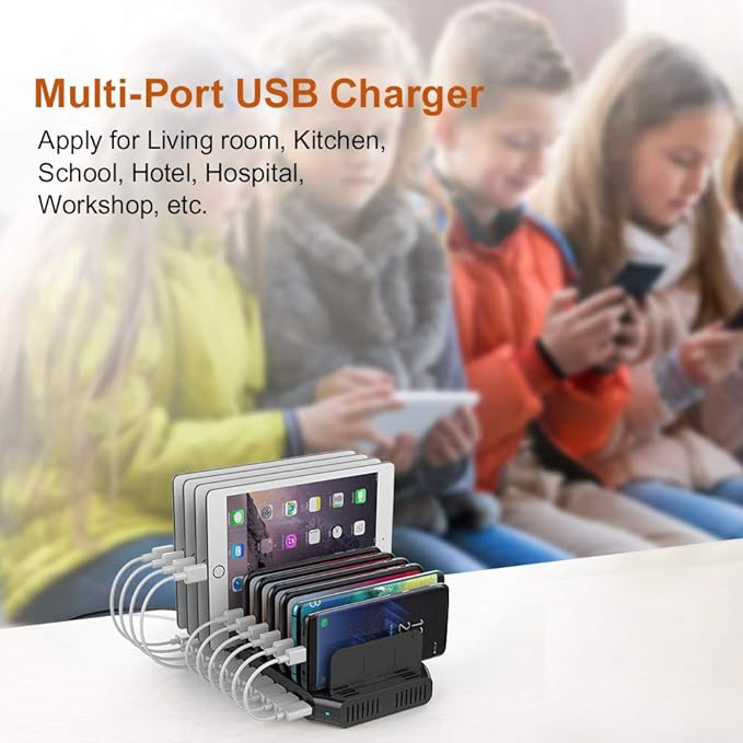 Alxum 60W 10 Port USB Charging Station Multiple Charger Station, USB Organizer Stand for iPad, iPhone Xs Max, X, 8 Plus, Samsung Galaxy, Google Pixel, LG stylo, Black (60W)