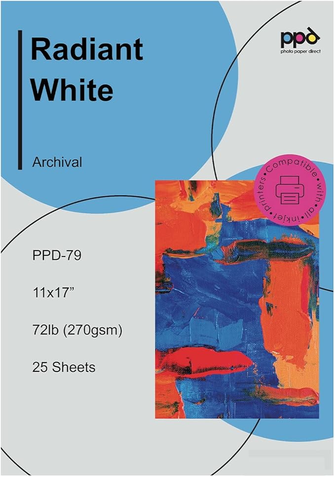 PPD Inkjet Photo Rag Fine Art Giclee Archival Radiant White Paper 11x17" 72lbs 270gsm x 25 Sheets (PPD079-25)
