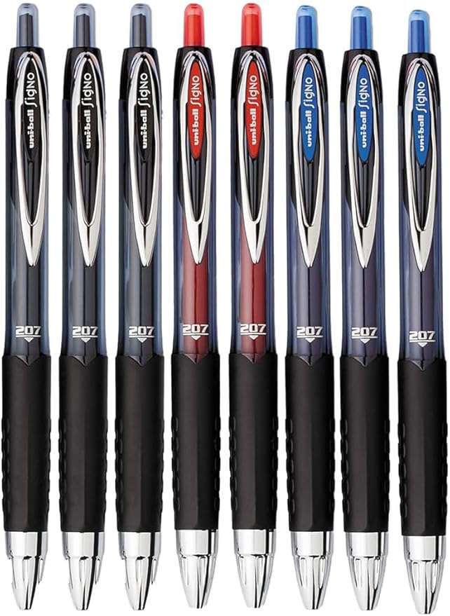 Advantage Gifts Signo 207 Roller Ball Retractable Gel Pens, Medium Point (0.7mm), Black Blue And Red Ink, 8 Count, Bundle with Plastic Reusable Pouch