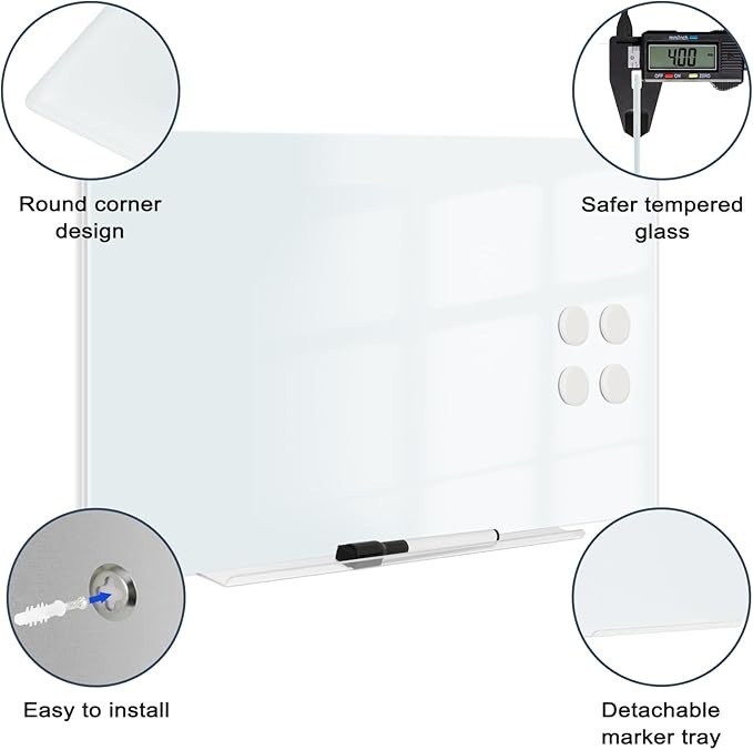 Magnetic Glass Whiteboard for Wall, 16" x 12" Glass Dry Erase Board, Large Frameless White Board for Home and Office - Normal White