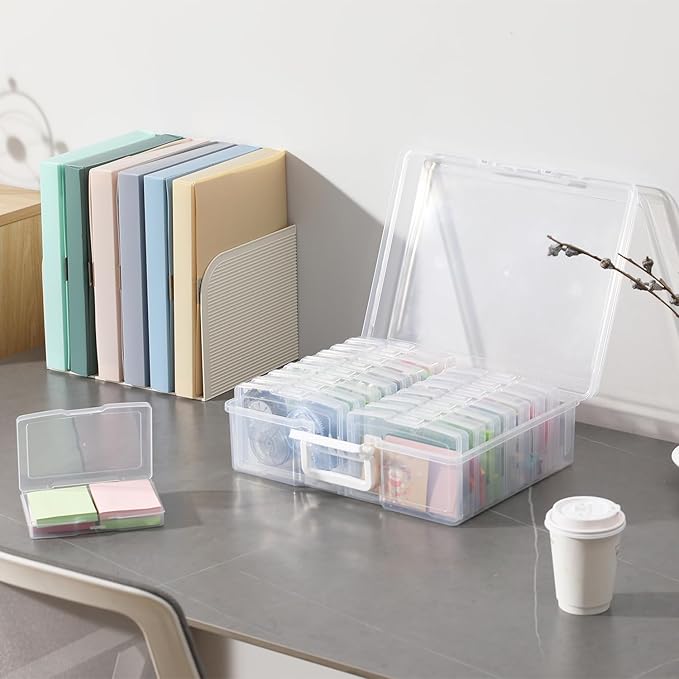 Party Club of America PCA Photo Storage Box 4" x 6" With Handle - 16 Inner Keeper, Large Organizer, Clear Plastic Craft Case for Stickers, Stamps, Jigsaw, Vegetable Seeds