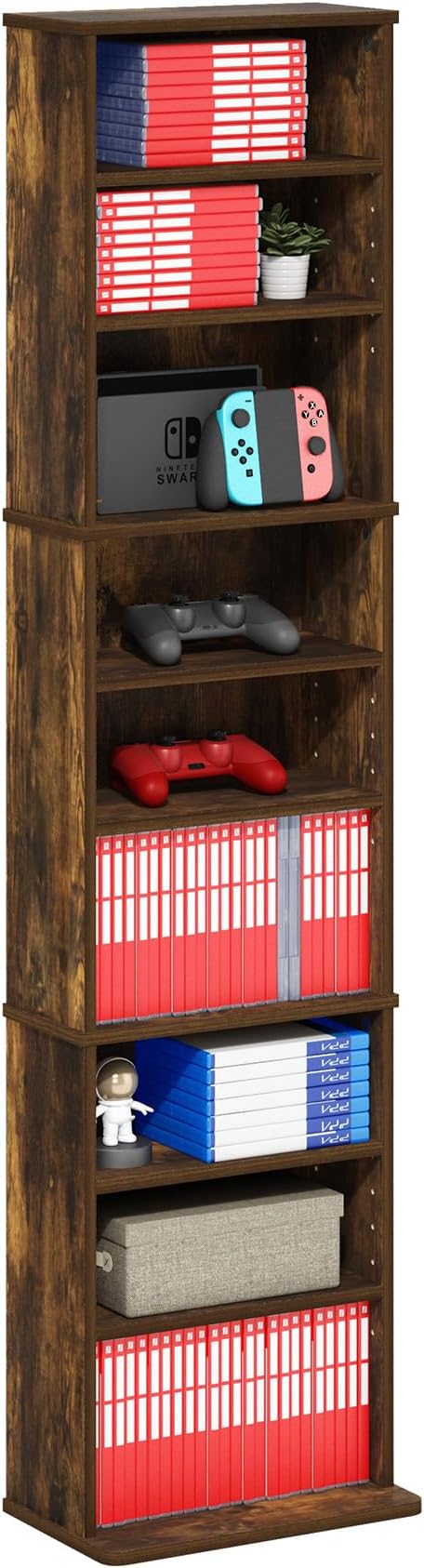 Furinno Jaya DVD Shelf, 9-Shelf Tall Narrow CD Rack, Media Shelf with Adjustable Shelves, DVD Storage Cabinets for CD Blueray Game Disc, Easy Assembly, for Living Room, Home Office, Amber Pine