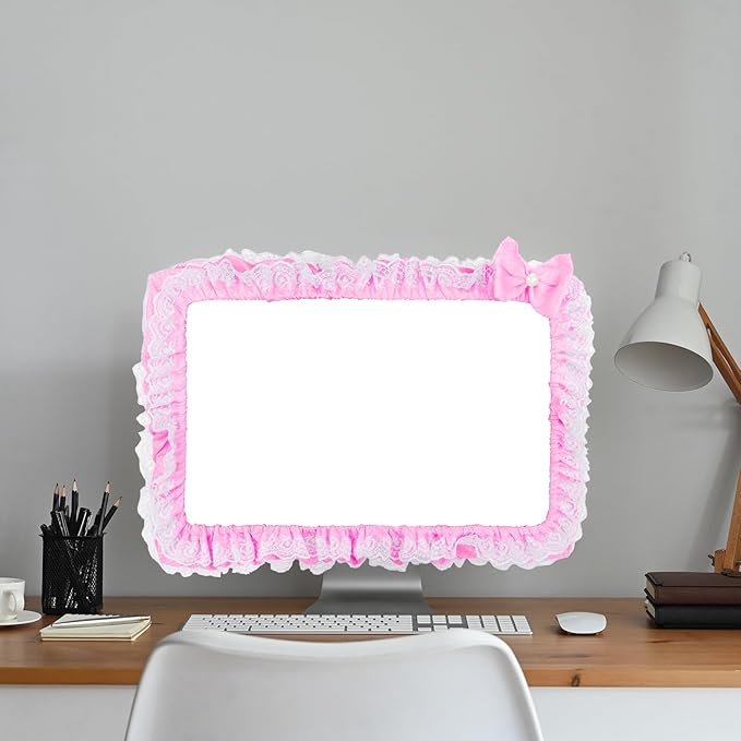 Kingshion 23"-27" Lovely Cute Computer Monitor Cover with Lovely Cute Elastic Pen Pocket Bow-knot TV LCD Screen Monitor Decoration Dust Cover Protector, Lace Fabric, Pink