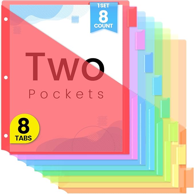 Sooez 8 Count Dividers with Pockets, 8 Tabs Binder Dividers for 3 Ring Binders, Binder Dividers with tabs, Binder Divider with Pockets for US Letter Size, Insertable Big Tabs, Red, Set of 1