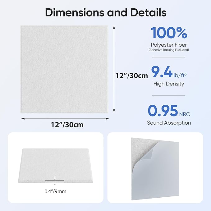 UNECHO 12 Pack 12" X 12" X 0.4" Acoustic Panels for Wall Sound Absorbing, Square Self-Adhesive Sound Panel, High Density Suitable for Multiple Scenarios(Snow White)