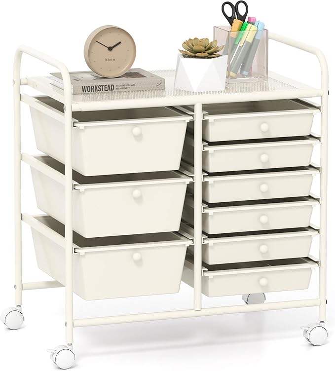 GOFLAME 9-Drawer Rolling Storage Cart, Mobile Utility Cart with Removable Drawers & Metal Frame, Art Craft Organizer Cart with Lockable Wheels, Storage Drawer Cart for Home Office School, White
