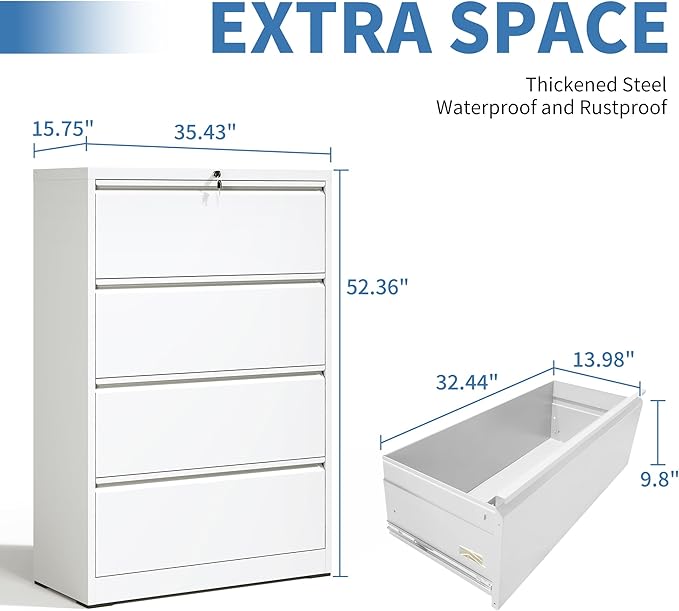 FLIXELIO File Cabinets 4 Drawer,Metal Office Storage Filing Cabinet with Lock,White Lateral Filing Cabinet for Home Office,Horizontal Locking File Cabinet for Legal/Letter/A4,Assembly Require,White