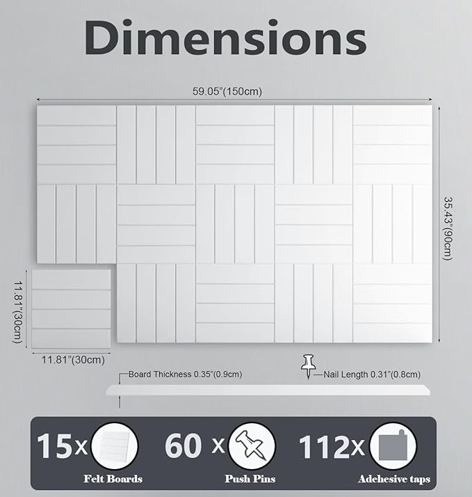 G Gamit Large Felt Wall Tiles Bulletin Board 59”x36”,Large Cork Board Alternative with 60 Pushpins, 15-Pack Felt Pin Board with 112 Safe Removable Adhesive Tabs for Home Office School (White)