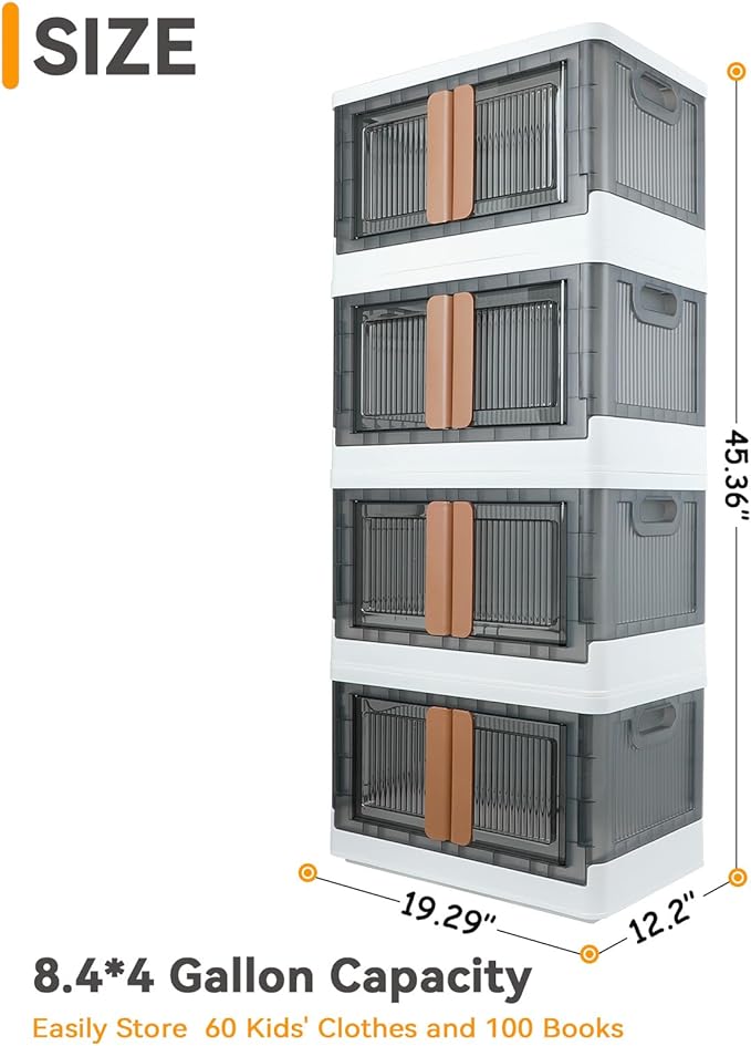 AssHMKIT Storage Bins, Plastic Cabinet, 8.4 Gallon Capacity (32L Per One), 4 Pack, Stackable Collapsible Drawer, with Door and Buckle, Organizer for Home and Office, Transparent