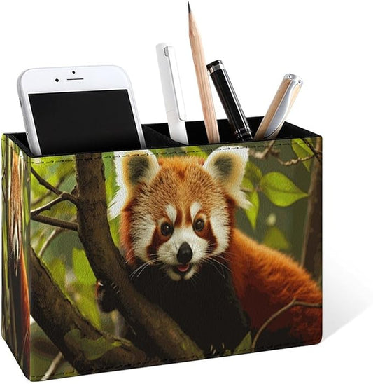 Famame Red Panda Pencil Holder for Desk, Leather Desktop Container Pen Cup Storage Study Table Pen Organizer Makeup Brush Holder for Classroom Office Home