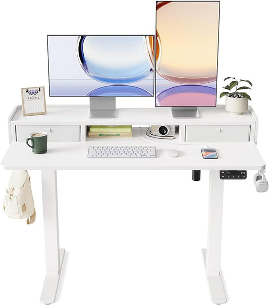 YIHAYO Electric Standing Desk with Drawers, 48 x 24 Inches Adjustable Desk with Storage Shelf, Stand Up Desk with Splice Board, Computer Table for Home Office,White Frame/White Top