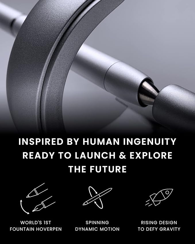 novium Hoverpen Future - Luxury Fountain Pen, Schmidt Nib (Fine), Converter, Extra Refill, Futuristic Aesthetic, Aerospace Metal, Best Pen Gift Set for Men & Women (Frost Silver)