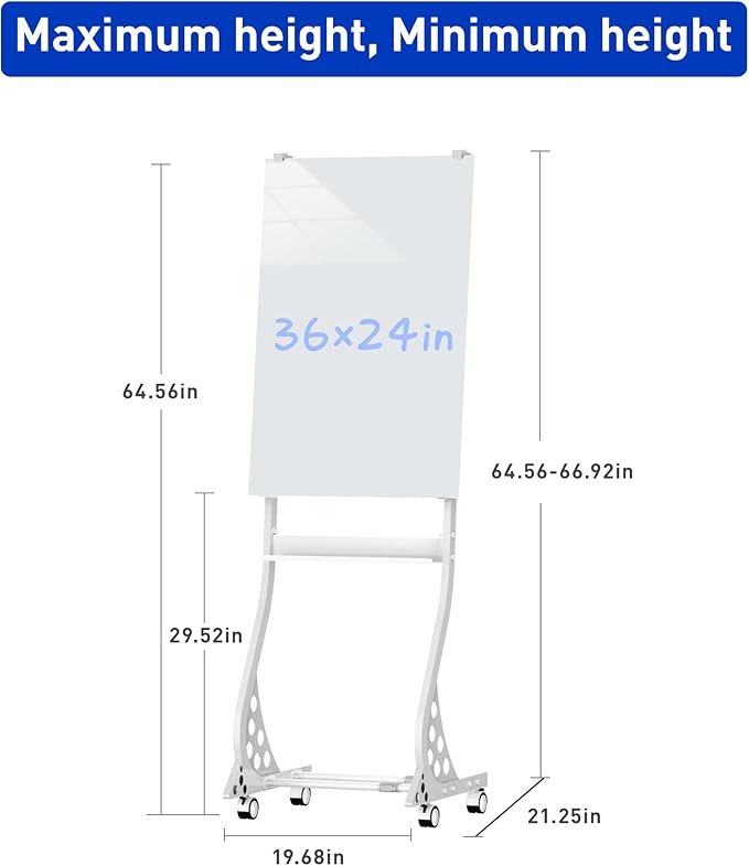 Mobile Glass Whiteboard, 24 x 36 inch Glass Board/w Height Adjustable, Large Portable Dry Erase Board with Stand and Wheels for Home, Office,Classroom &School, White