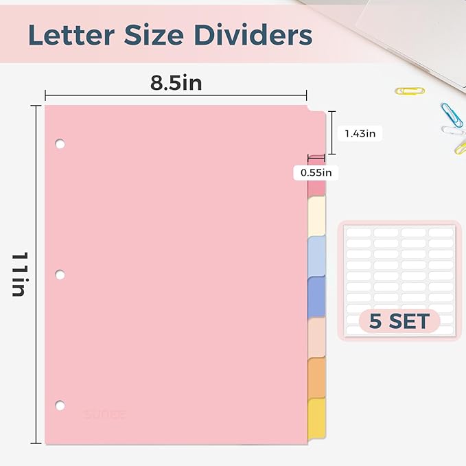 SUNEE 8 Tab Binder Dividers,Plastic Dividers for 3 Ring Binder,3 Ring Binder Dividers with Tabs for School Office Home Supplies,Pastel Color, 5 Set