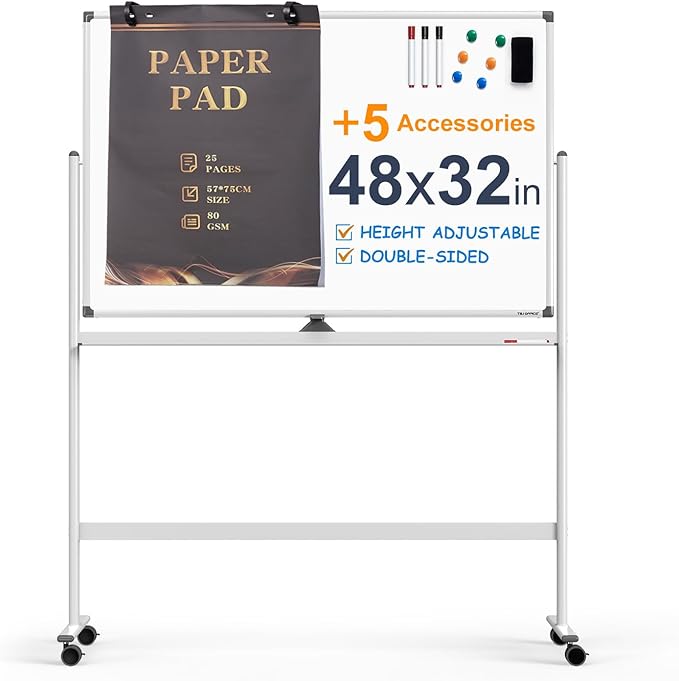 Large Dry-Erase Rolling Magnetic Whiteboard - 48 x 32 Inches Dry Erase Board with Stand Height Adjust Double Sides Mobile White Board Easel on Wheels with 25 Sheets Paper Pad Office, Home & Classroom