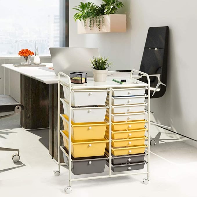 LDAILY 15 Drawer Rolling Storage Cart, Rolling Cart with Drawers for Classroom, Art Supply Craft Organizer on Wheel with Metal Frame & Handles for Home Office School