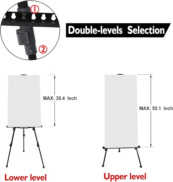 T-SIGN 72 Inches Tall Folding Easel Stand for Display, Aluminum Metal Tripod Art Easel Adjustable Height from 22-72 - Instant Poster Easels for Painting Canvas - Floor Standing Easel (Pack of 2)