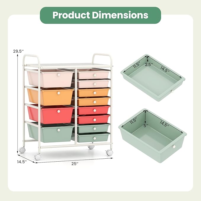 Giantex 12 Drawer Rolling Cart with Drawers, Storage Organizer Cart for Classroom Office School Teacher, Mobile Drawer Cart for Tools, Crafts, Small Printer, Macaron Multicolor