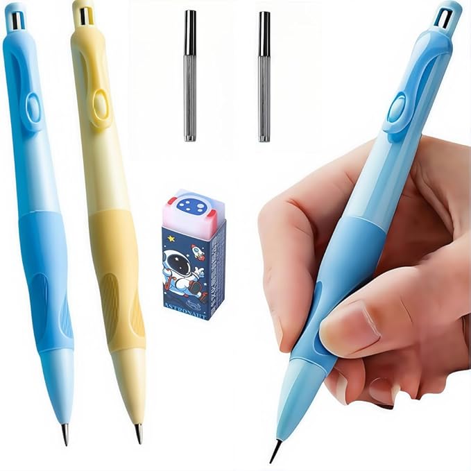 Inclock Handwriting thick mechanical pencils with grip: 2.0MM HB Pencil for kids with 14 leads (2 pack blue&yello)