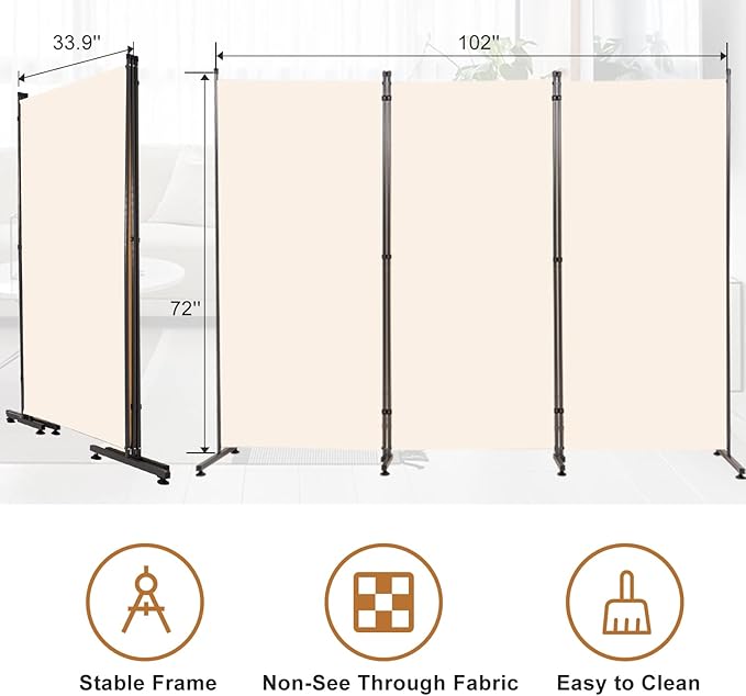 Room Divider 6FT Folding Privacy Screens, 3 Panel Partition Room Dividers w/Freestanding Design, Portable Wall Divider for Room Separtation, Fabric Screen Panel for Home Office Dorm School Cream