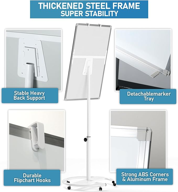 Nicpro Mobile Whiteboard 36"x 24" Magnetic Dry Erase Board, Height Adjustable Standing Easel With 5 Wheels, Flipchart Hooks, Rolling for Office Home or Classroom Teaching