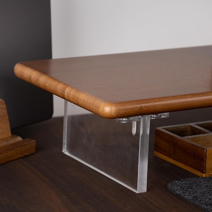 ROCDEER Bamboo Monitor Stand Riser with Acrylic Legs for Desk, 31.5 Inches Desktop Shelf Supports for PC Computer Monitor, Laptops, Printer, Speakers (Brown)