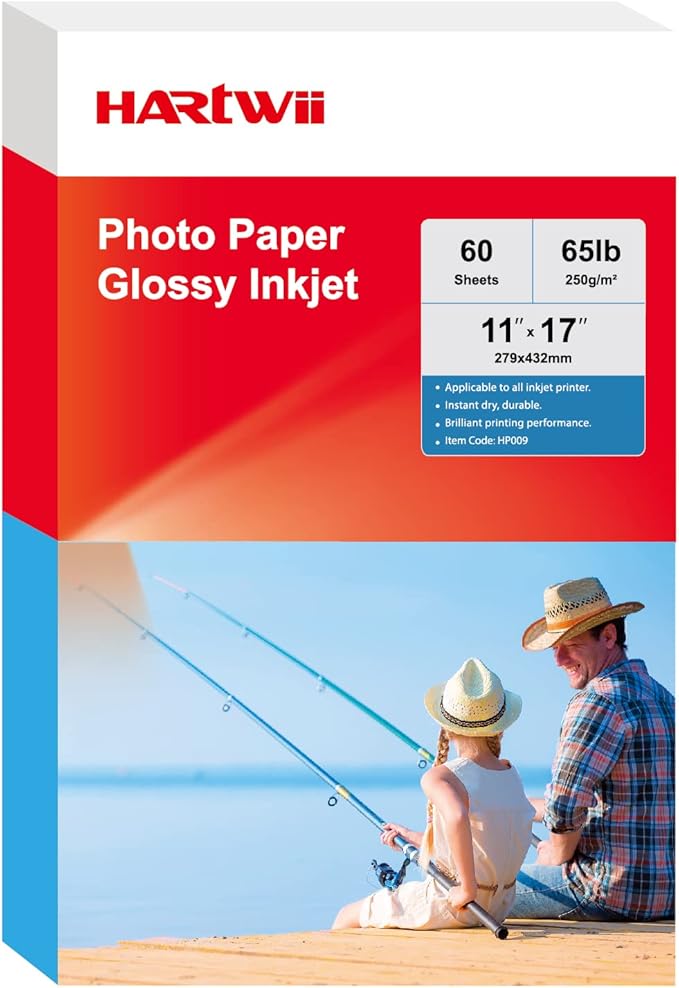 HARTWII 60 Sheets Heavyweight Inkjet Glossy Photo Paper 11 x 17 inch 65lb 250gsm for Obituary Bulletin Gallery Show Thick for A3 Size Dye Ink Printers