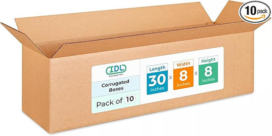 Long Shipping & Moving Boxes 30x8x8 inches (10-Pack) - Extra Strength 200 lb vs Regular - Corrugated Cardboard Boxes for Delivery - Durable Box for Shipping - Packing Box by IDL Packaging