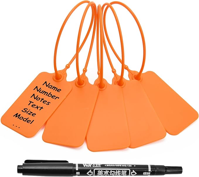 50 Orange Blank Plastic Tags for Labeling Waterproof Hanging Labels Writable Tags Seal Plastic Marking Label for Clothes Bags Keys Inventory with One Marker Pen