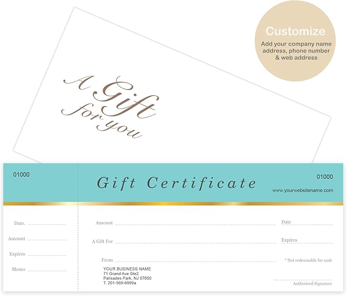 IMPACTONLINEPRINTING Custom Gift Certificates Cards with Envelopes 100set - Aqua Blue - Gift Certificates for Business