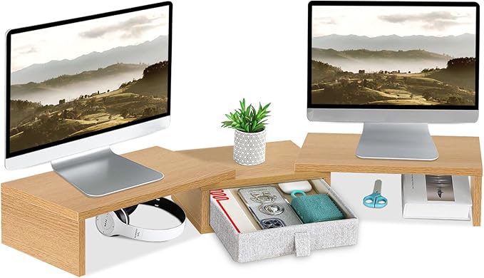 TEAMIX 3 Shelf Monitor Stand Riser with Drawer-Length and Angle Adjustable Dual Monitor Riser with Storage Corner Desk Shelf Organizer Large Computer Stand for 2 Monitors/Laptop (Maple, 1 Drawer)