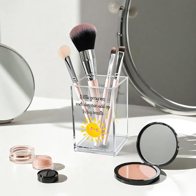 Vgrti A Little Progress Each Day Can Add Up To Big Results Acrylic Cosmetic Pencil Pen Holder Cup, Inspirational Sun Desk Organizer for Classroom Office, Motivational Gifts for Women Girl Therapist