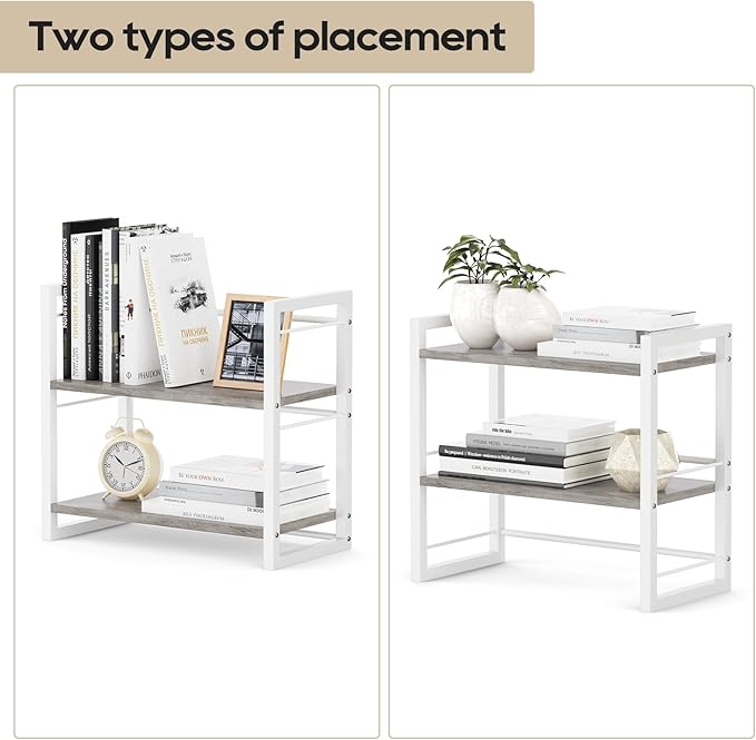 ART-GIFTREE Office Desk Shelf Organizer, Wood Desktop Bookshelf Supplies Storage Rack, Shelf for Top of Desk and Dresser (Grey-2 Tier)