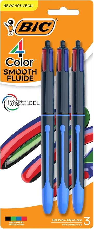BIC 4 Color Smooth Retractable Ballpoint Pen, 1.0 mm Point for Smooth Ink Flow, 3-Count Pack in Assorted Ink Colors