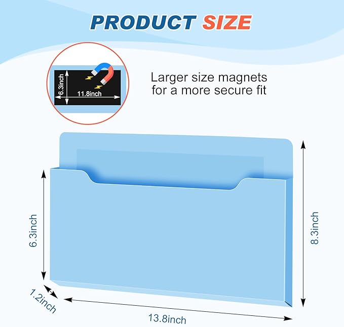 Feifeiya Magnetic Pocket File Holder Large File Folder Organizer Paper Mail Letters Holder Wall Hanging Office Supplies for Refrigerator Whiteboard Cabinets(13.8 x 8.3 Inch,Horizontal,Blue)