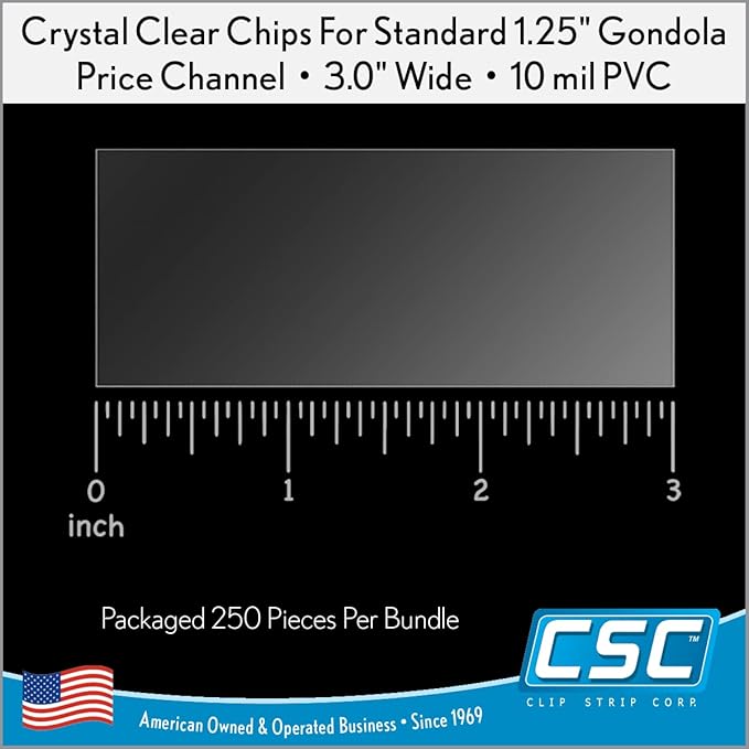 Price Data Channel Label Holder Chips, Clear Plastic Tags, 3" L x 1.25" H, 10 Mil Thick, Gondola Shelf Edge, Reusable, Made for Point of Purchase Shelf Molding by Clip Strip Corp., 250 Pack