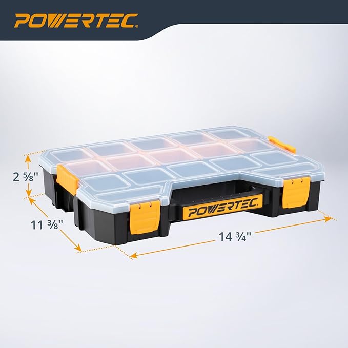 POWERTEC Stackable Tool Box Organizer with Removable Dividers - 17 Compartments, Interlocking, Portable Design, 2-Pack (72118-P2)