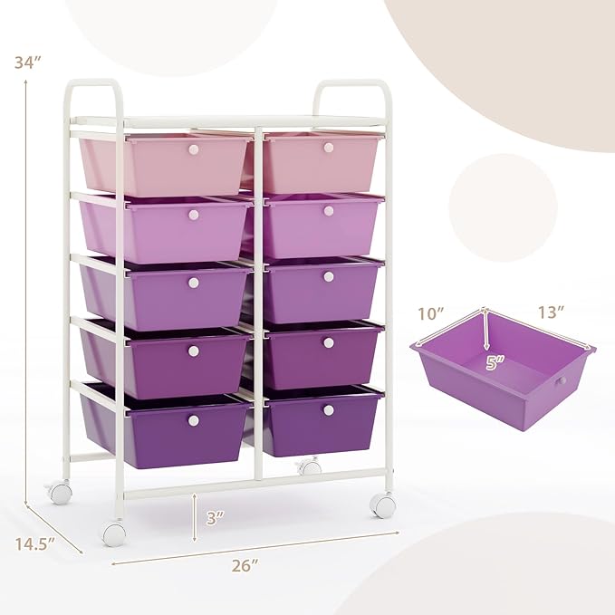 LDAILY 10 Drawer Rolling Cart, Storage Cart Organizer on Wheels, Drawer Cart with Metal Frame & Large Storage Capacity, Rolling Cart with Drawers for Living Room Classroom, Office