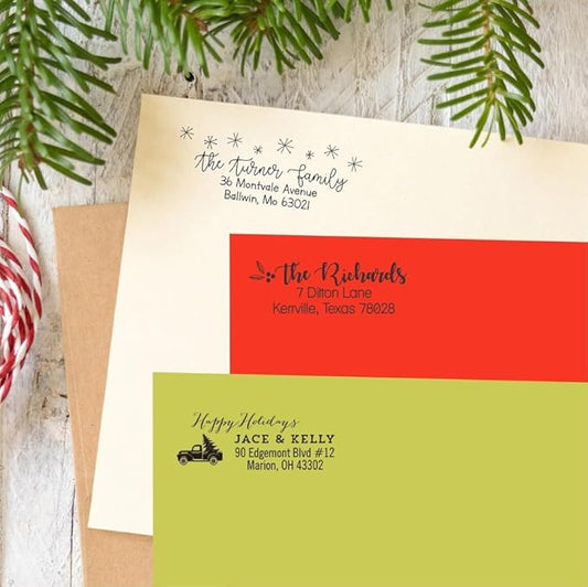 Address Stamp - Custom Stamps for Mailing I Create Personalized Name and Return Address I Up to 3 Lines of Text I Includes Color Options I Self Inking and Wooden Rubber Stamp Options (Holiday Designs)