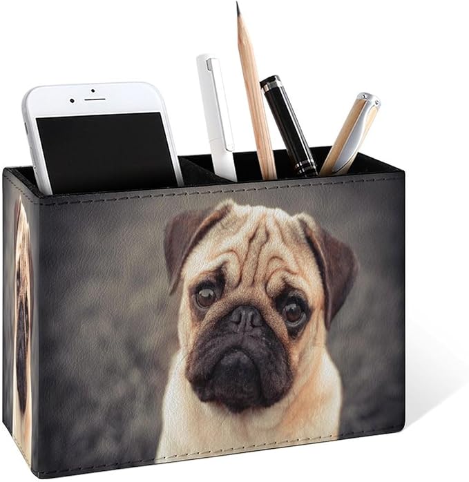 Famame 3D Pug Dog Puppy Pencil Holder for Desk, Leather Desktop Container Pen Cup Storage Study Table Pen Organizer Makeup Brushes Holder for Office Home