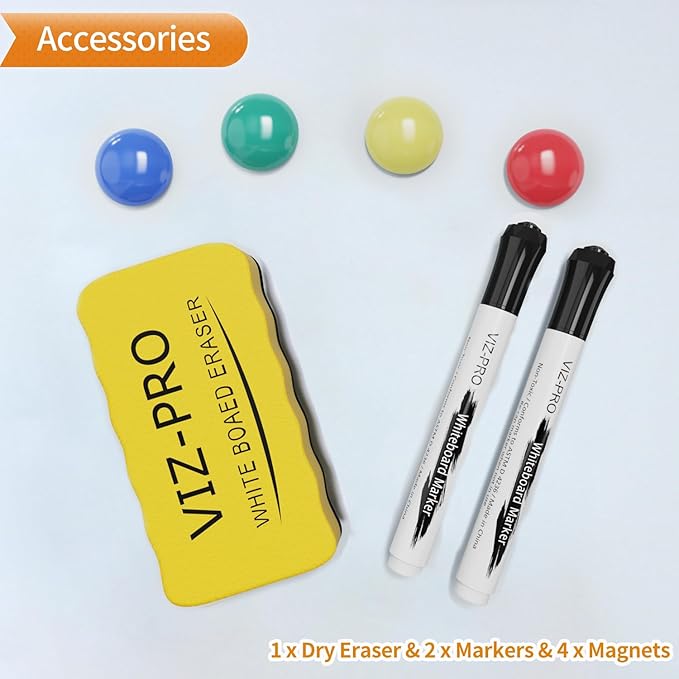 VIZ-PRO Magnetic Whiteboard/Dry Erase Board with Black Aluminium Frame, 18 X 12 Inches, Includes 1 Eraser & 2 Markers & 4 Magnets