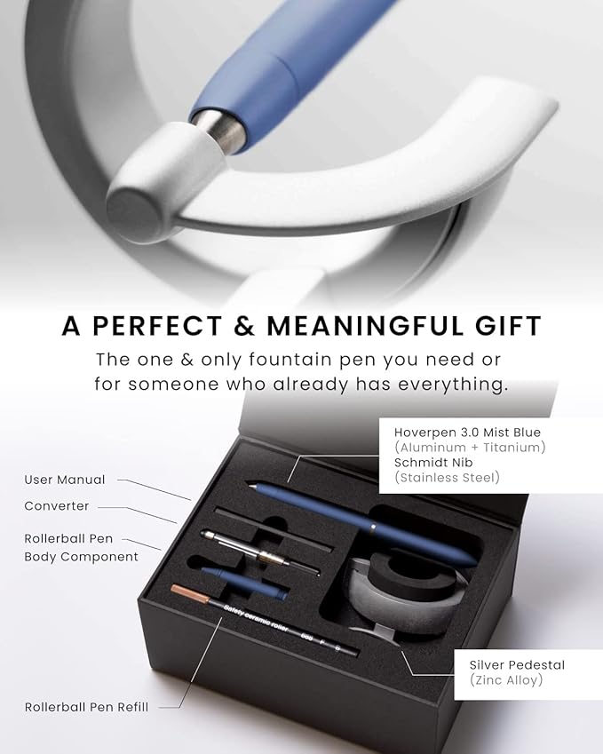 novium Hoverpen Future - Luxury Fountain Pen & Rollerball Pen All-In Gift Box, Schmidt Nib (Fine), Converter, Extra Refill, Aerospace Metal, Best Pen Gift Set for Men & Women (Mist Blue)
