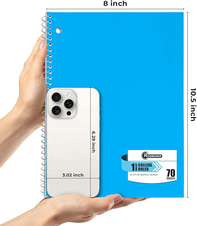 Rosmonde Spiral Notebook, 24 Pack, 1 Subject, College Ruled, 70 Sheets, 8 x 10-1/2",Bulk College Ruled Spiral Notebook for School, 3 Hole Punched, Single Subject Notebook Bulk, Assorted Colors