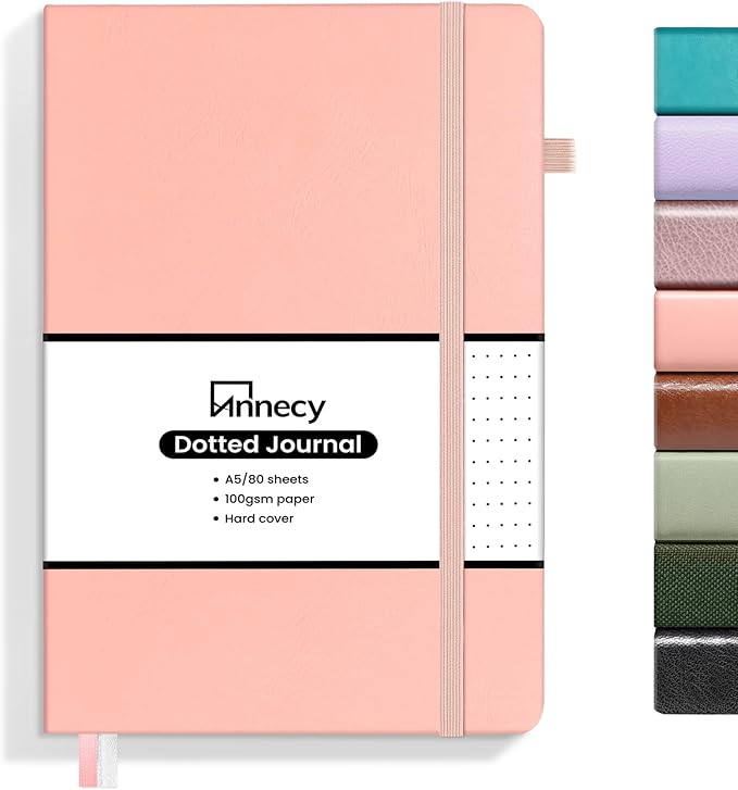 Annecy Numbered Bullet Dotted Journal Notebook, Medium 5.5x 8.25, 160 Pages 100GSM Writing Paper, A5 Peach Pink Faux Leather Cover with Pen Loop