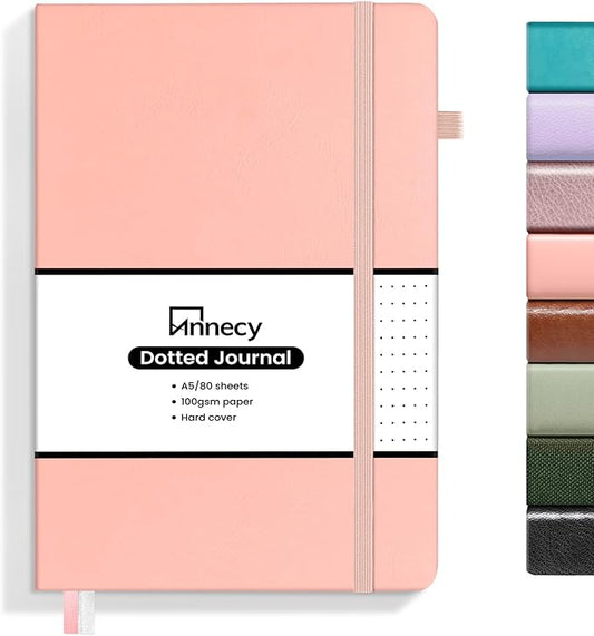 Annecy Numbered Bullet Dotted Journal Notebook, Medium 5.5x 8.25, 160 Pages 100GSM Writing Paper, A5 Peach Pink Faux Leather Cover with Pen Loop