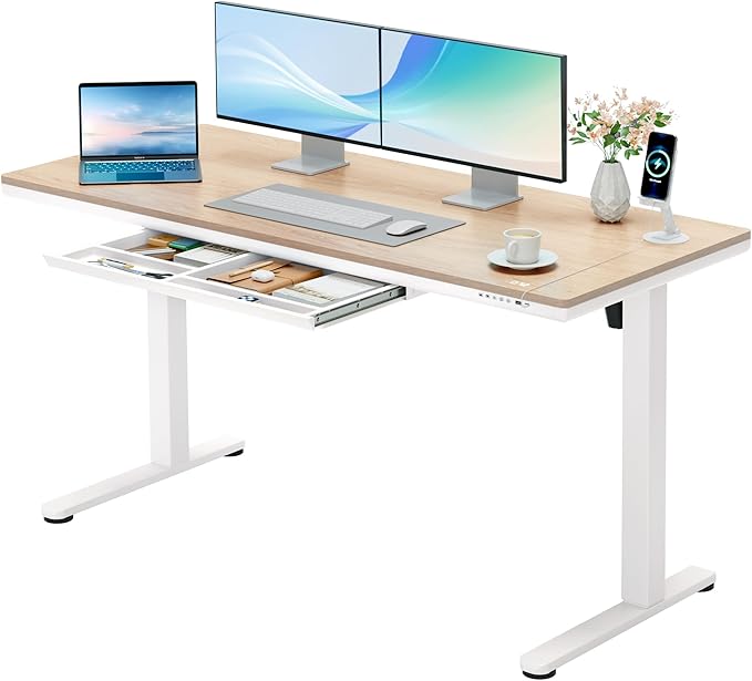 Furmax Electric Standing Desk with Drawers, Adjustable Height Sit Stand Desk with One-Piece Desktop & USB Charging Port for Home Office Computer Desks (Bamboo Desktop, 55 Inch)