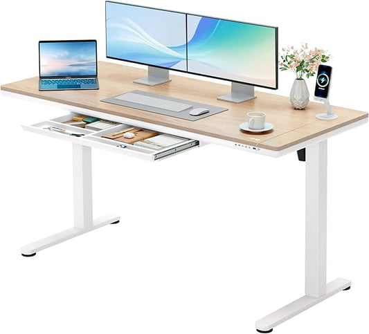 Furmax Electric Standing Desk with Drawers, Adjustable Height Sit Stand Desk with One-Piece Desktop & USB Charging Port for Home Office Computer Desks (Bamboo Desktop, 55 Inch)