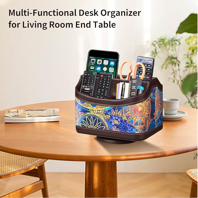 PUSU 360°Rotatable Remote Control Holder, PU Leather TV Remote Holder Caddy for Table, Bright and Colorful Art Supply Organizer Pen Holder, Multi-Functional Desk Organizer Living Room Office Decor